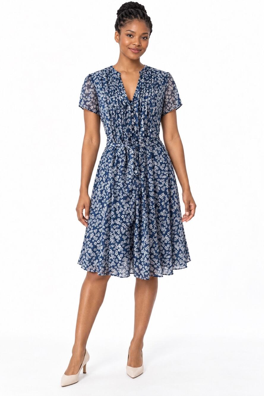 MSK Blue & White Floral Print Pleated Short Sleeve Tie Waist Knee Length Dress
